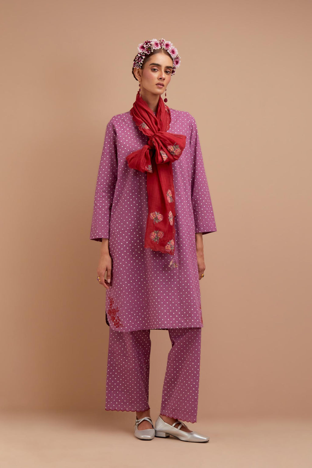 Dark Mauve Cotton straight short kurta set with all-over polka dot hand block print & embroidered floral bootas at the side hem.