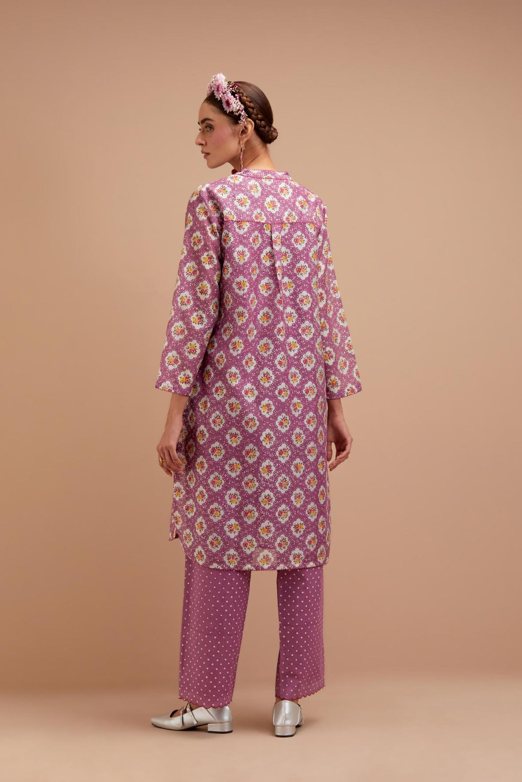 Dark Mauve Silk Chanderi straight short kurta set with all-over Pink & Yellow floral hand block print.