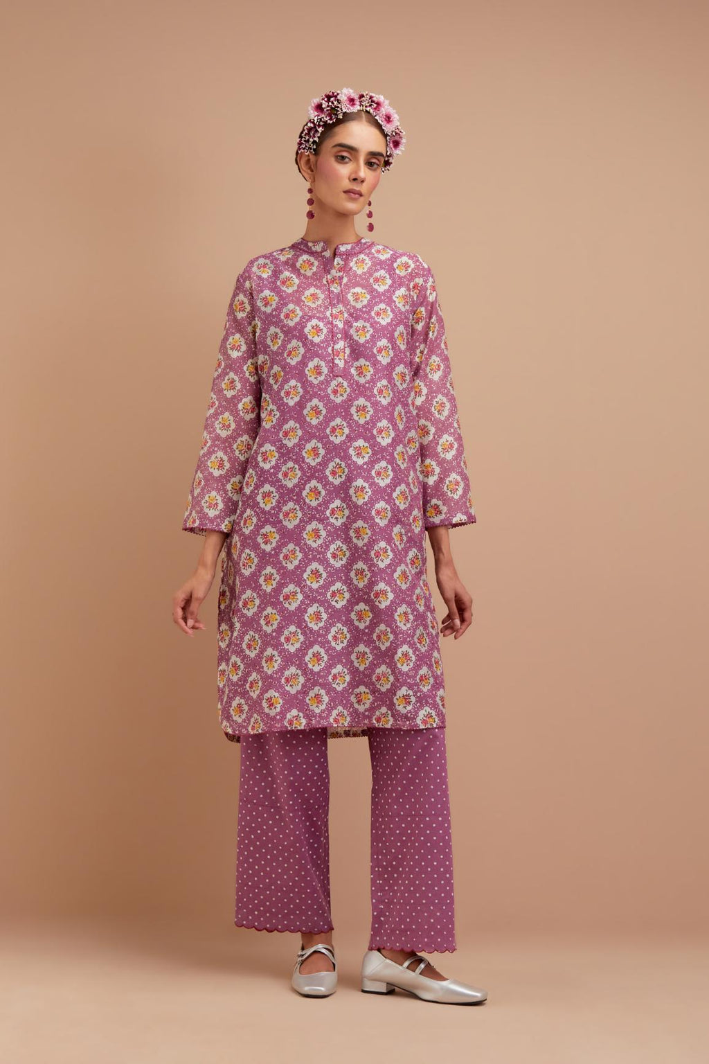 Dark Mauve Silk Chanderi straight short kurta set with all-over Pink & Yellow floral hand block print.