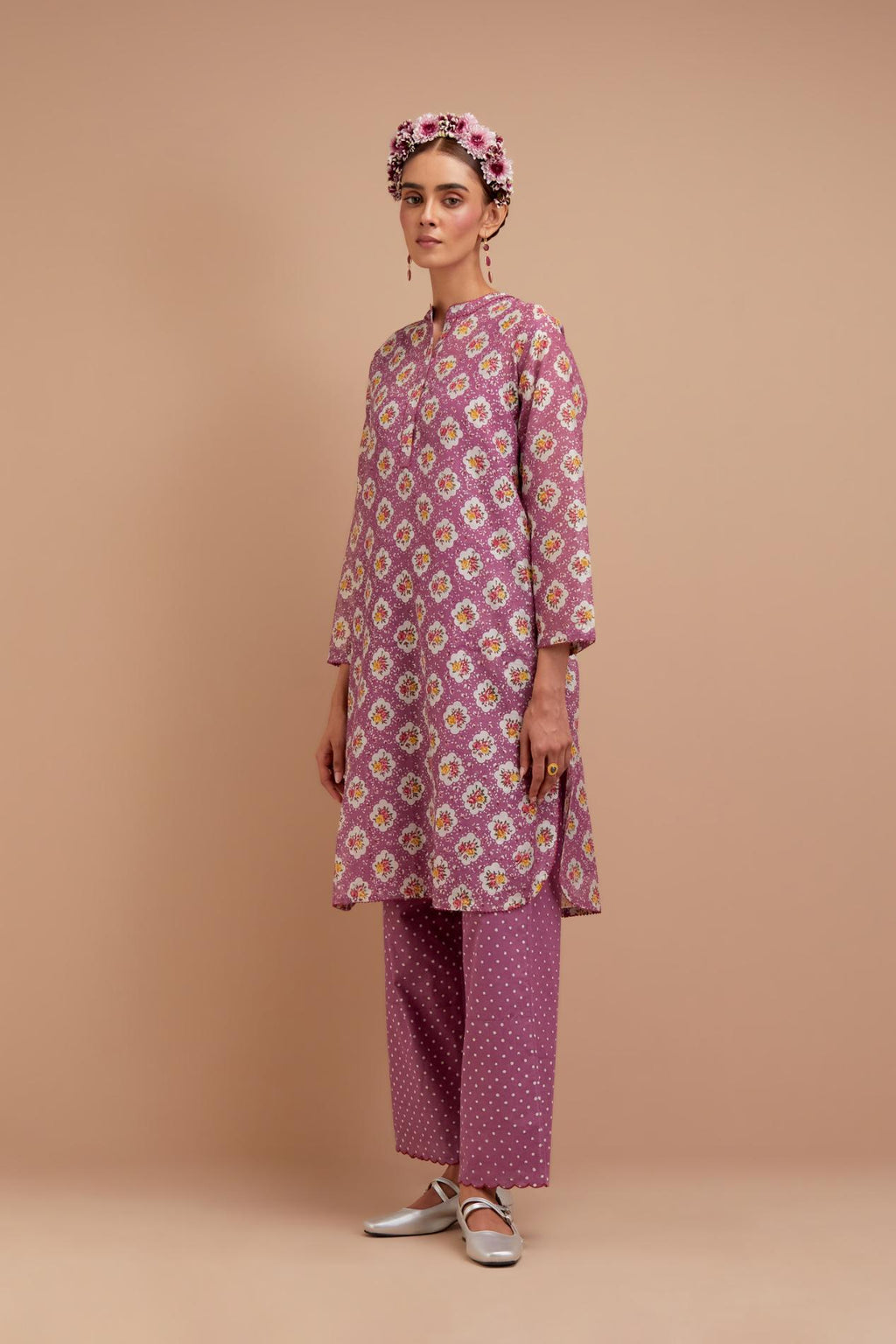 Dark Mauve Silk Chanderi straight short kurta set with all-over Pink & Yellow floral hand block print.