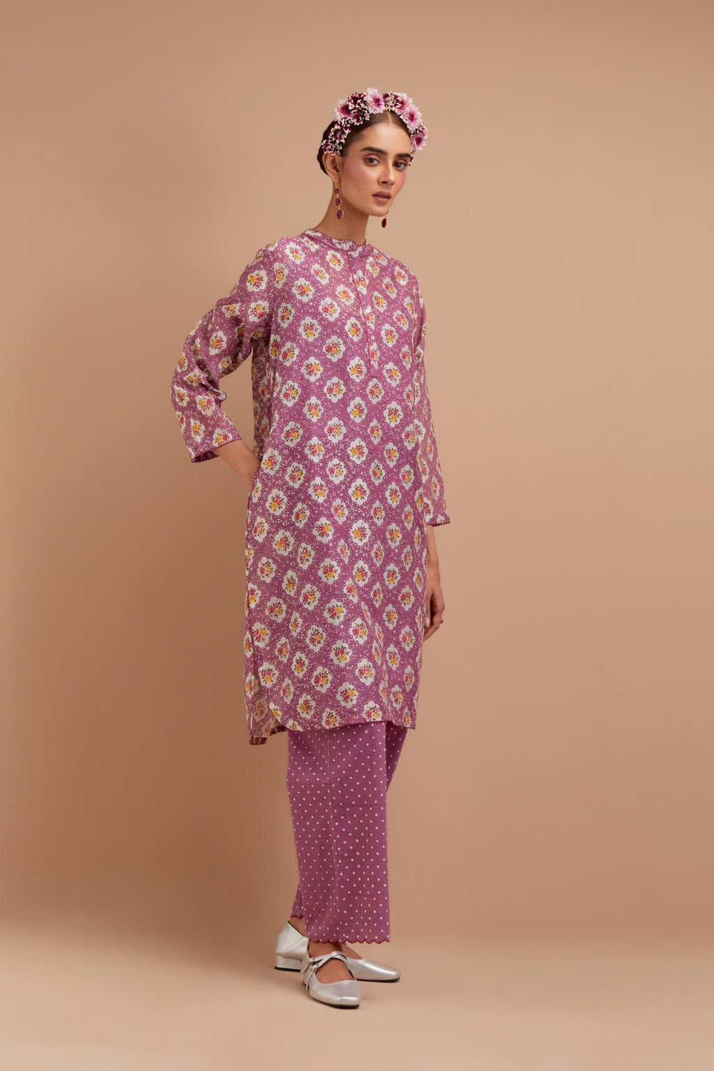 Dark Mauve Silk Chanderi straight short kurta set with all-over Pink & Yellow floral hand block print.