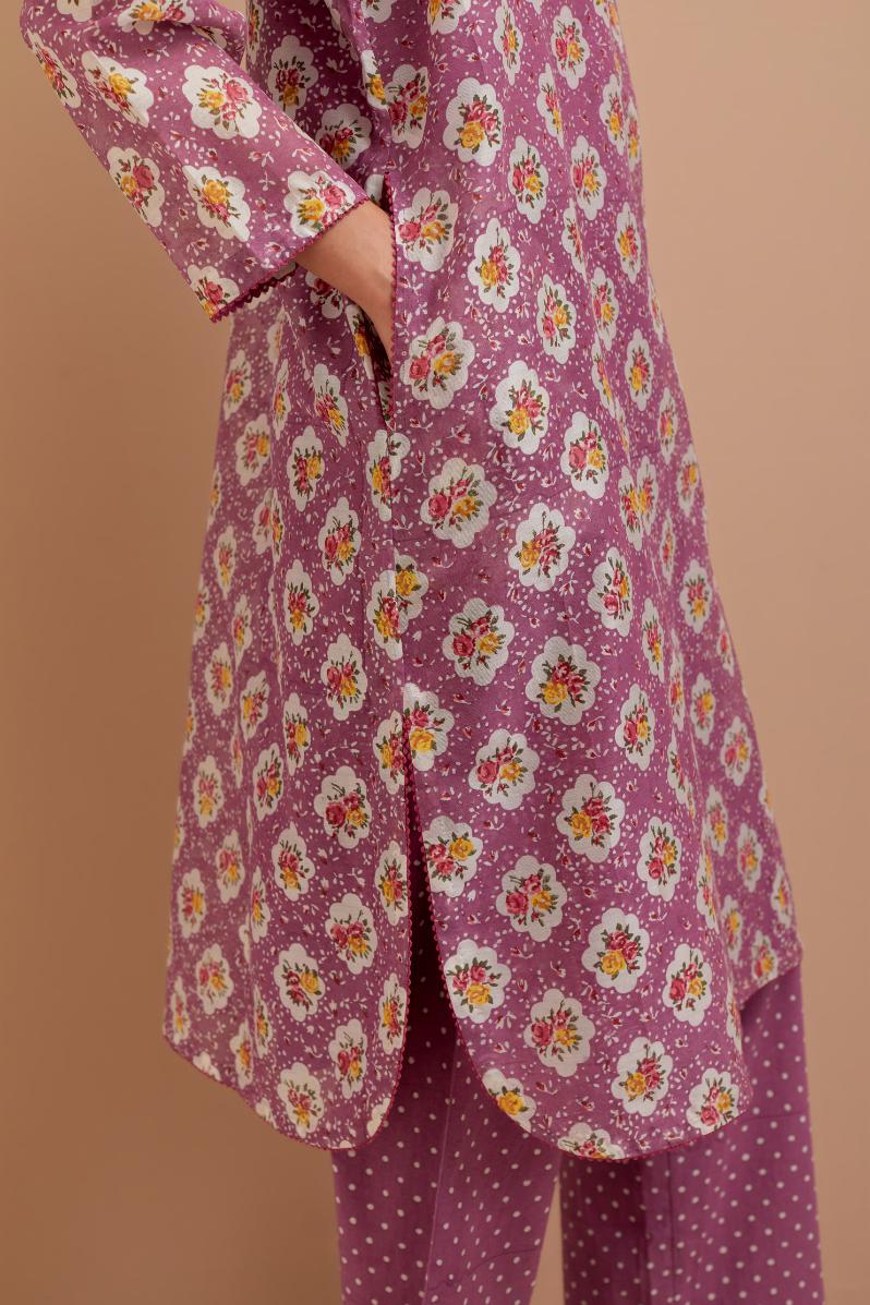 Dark Mauve Silk Chanderi straight short kurta set with all-over Pink & Yellow floral hand block print.