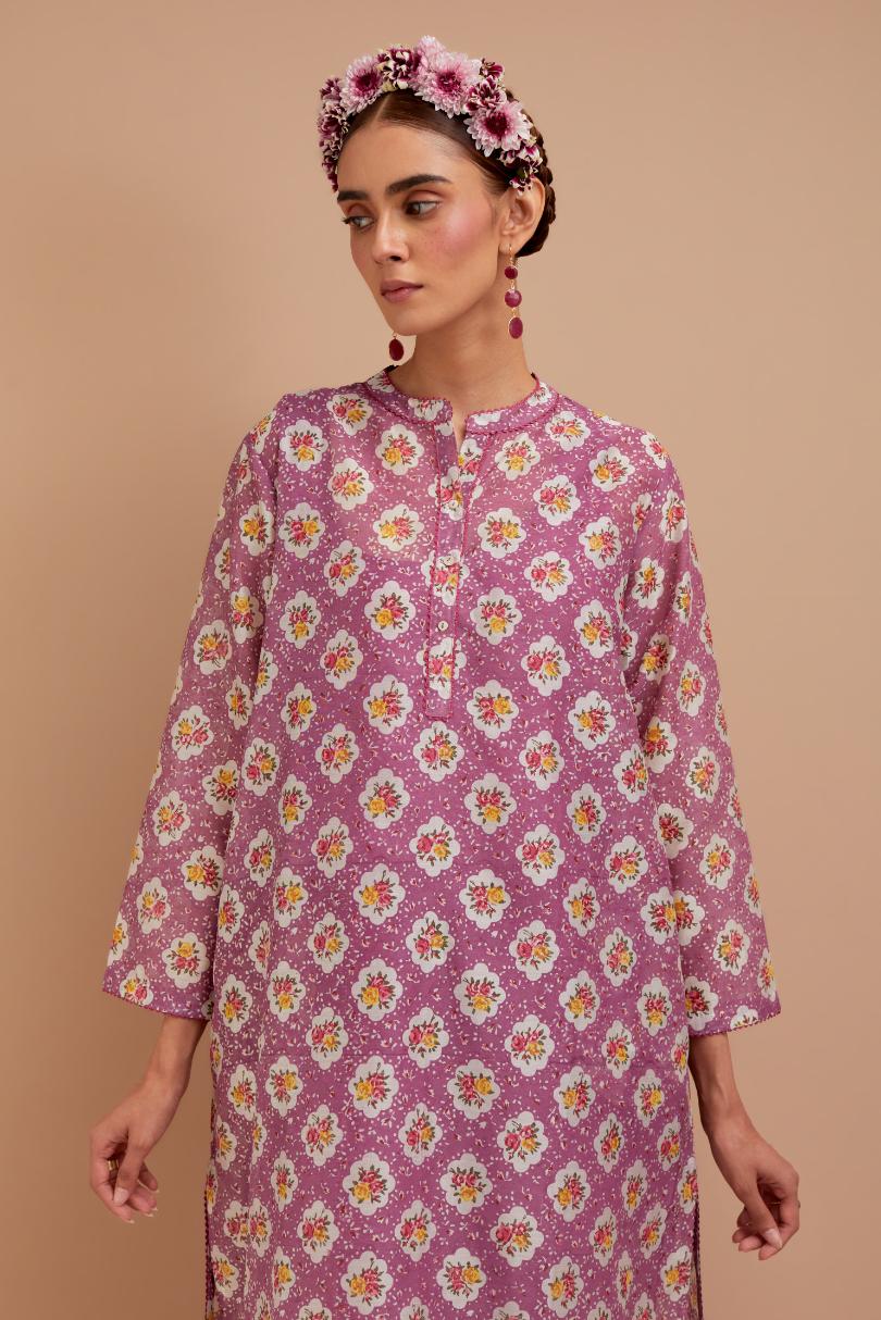 Dark Mauve Silk Chanderi straight short kurta set with all-over Pink & Yellow floral hand block print.