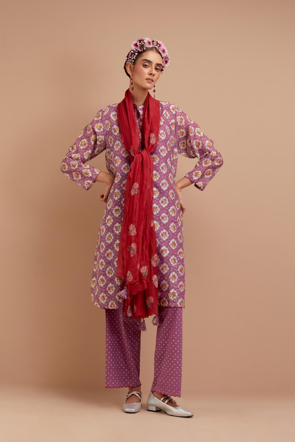 Dark Mauve Silk Chanderi straight short kurta set with all-over Pink & Yellow floral hand block print.