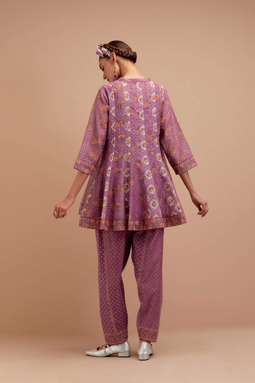 Dark Mauve Silk Chanderi paneled kurta set with all-over small Pink & Yellow flower hand block print.