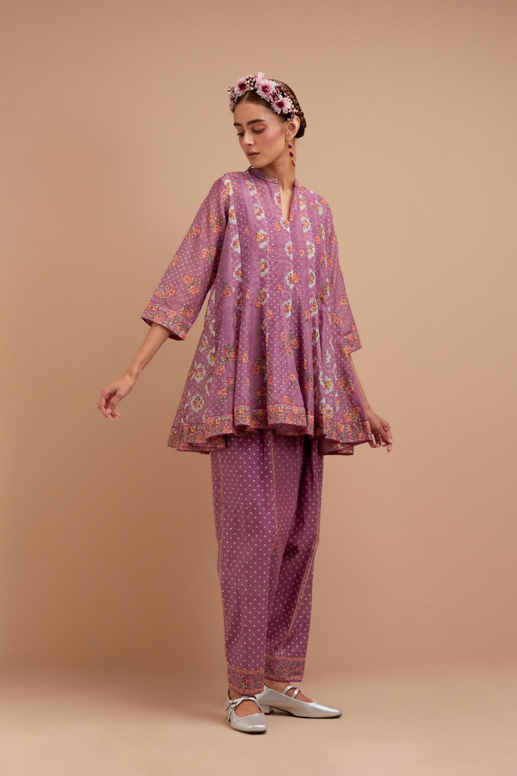 Dark Mauve Silk Chanderi paneled kurta set with all-over small Pink & Yellow flower hand block print.