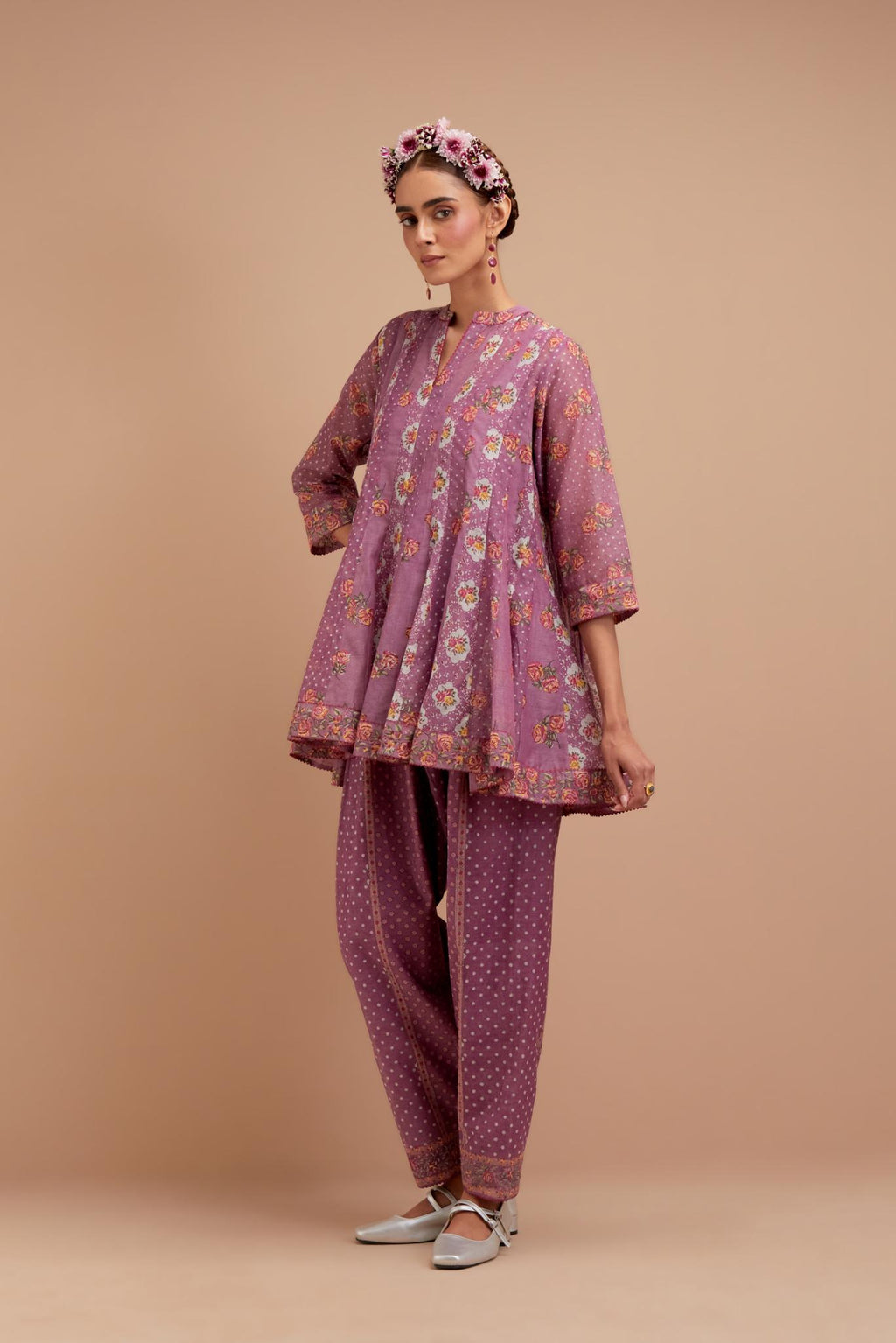Dark Mauve Silk Chanderi paneled kurta set with all-over small Pink & Yellow flower hand block print.