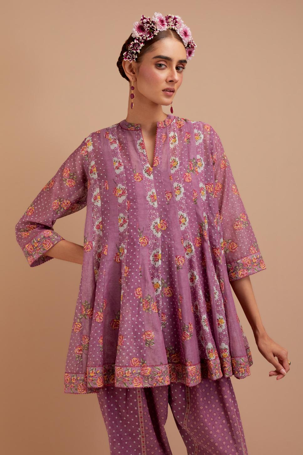 Dark Mauve Silk Chanderi paneled kurta set with all-over small Pink & Yellow flower hand block print.