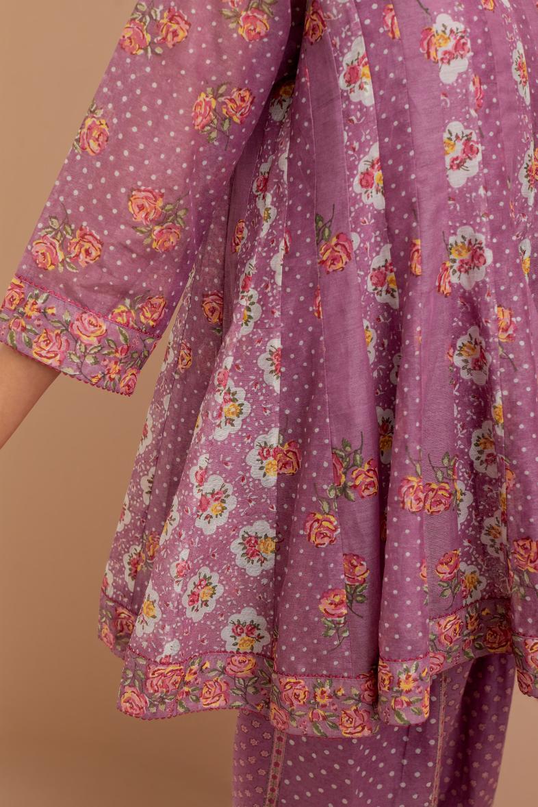 Dark Mauve Silk Chanderi paneled kurta set with all-over small Pink & Yellow flower hand block print.
