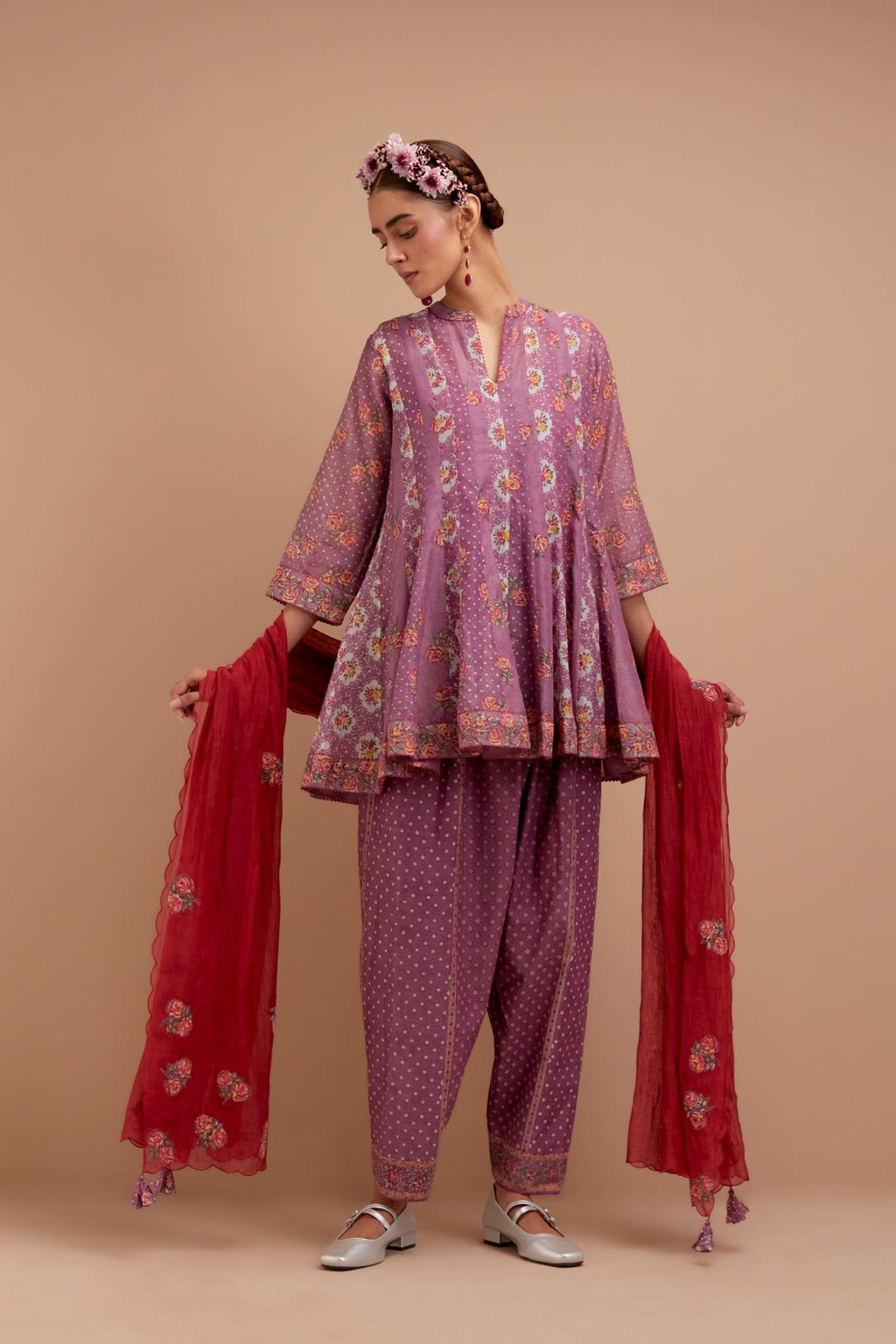 Dark Mauve Silk Chanderi paneled kurta set with all-over small Pink & Yellow flower hand block print.