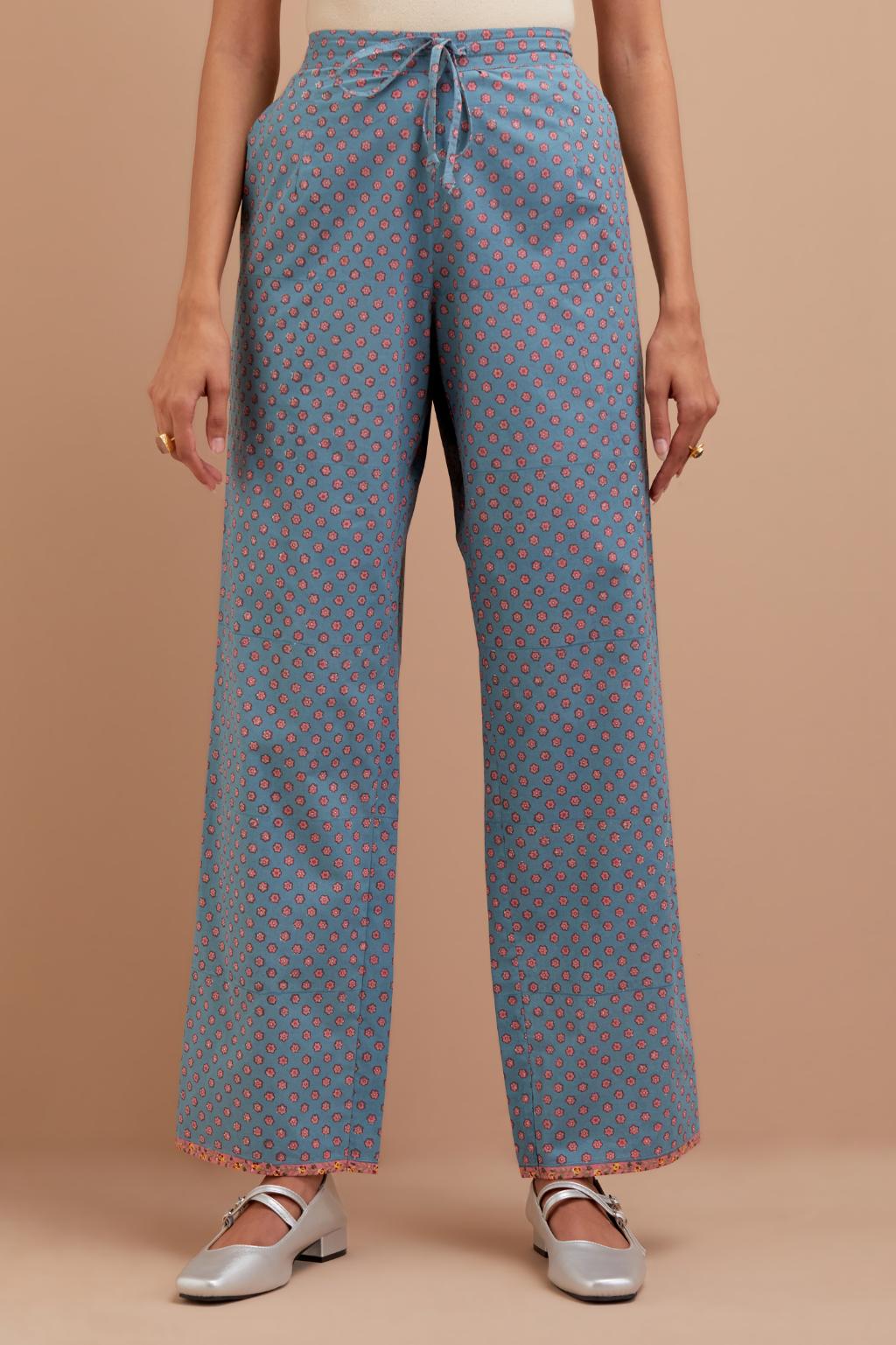 Cadet Blue Cotton straight pants with all-over small flower hand block print.