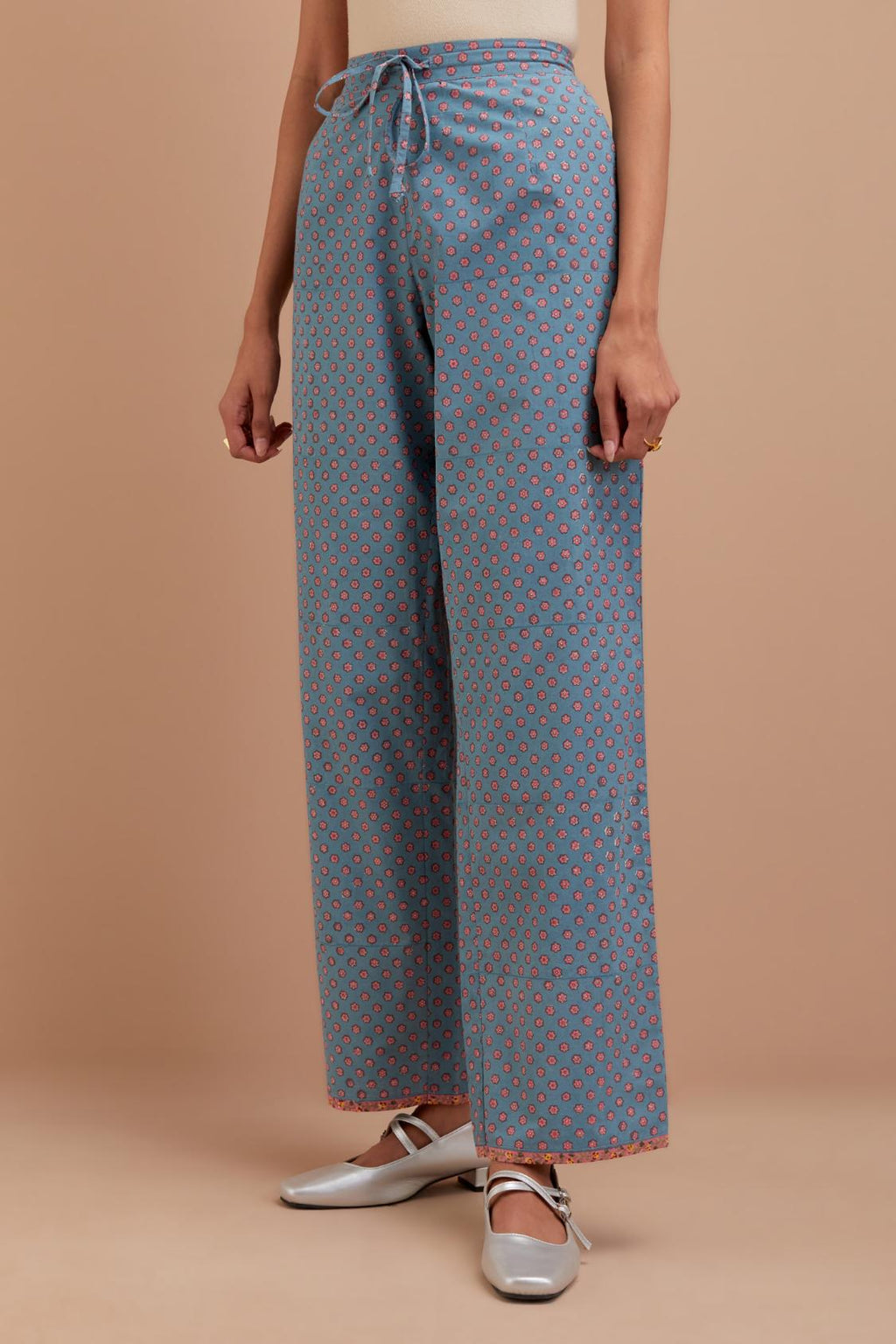 Cadet Blue Cotton straight pants with all-over small flower hand block print.