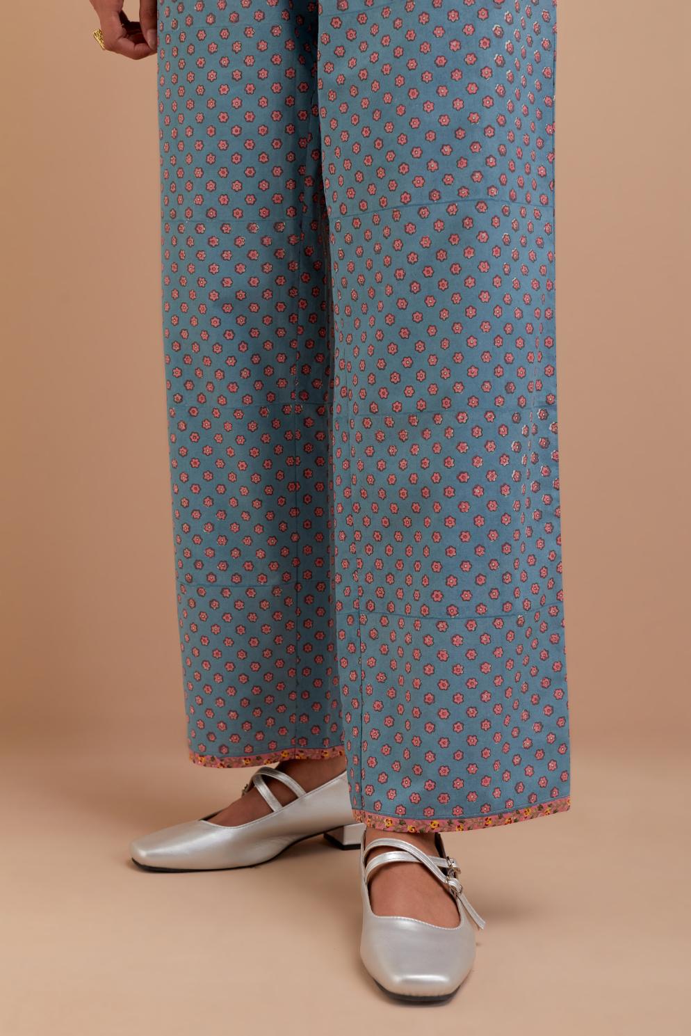 Cadet Blue Cotton straight pants with all-over small flower hand block print.