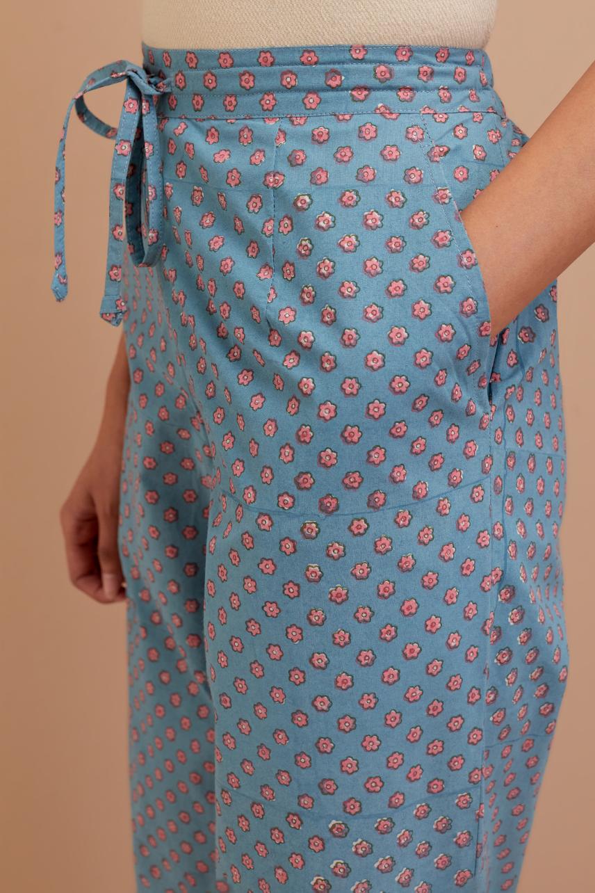 Cadet Blue Cotton straight pants with all-over small flower hand block print.