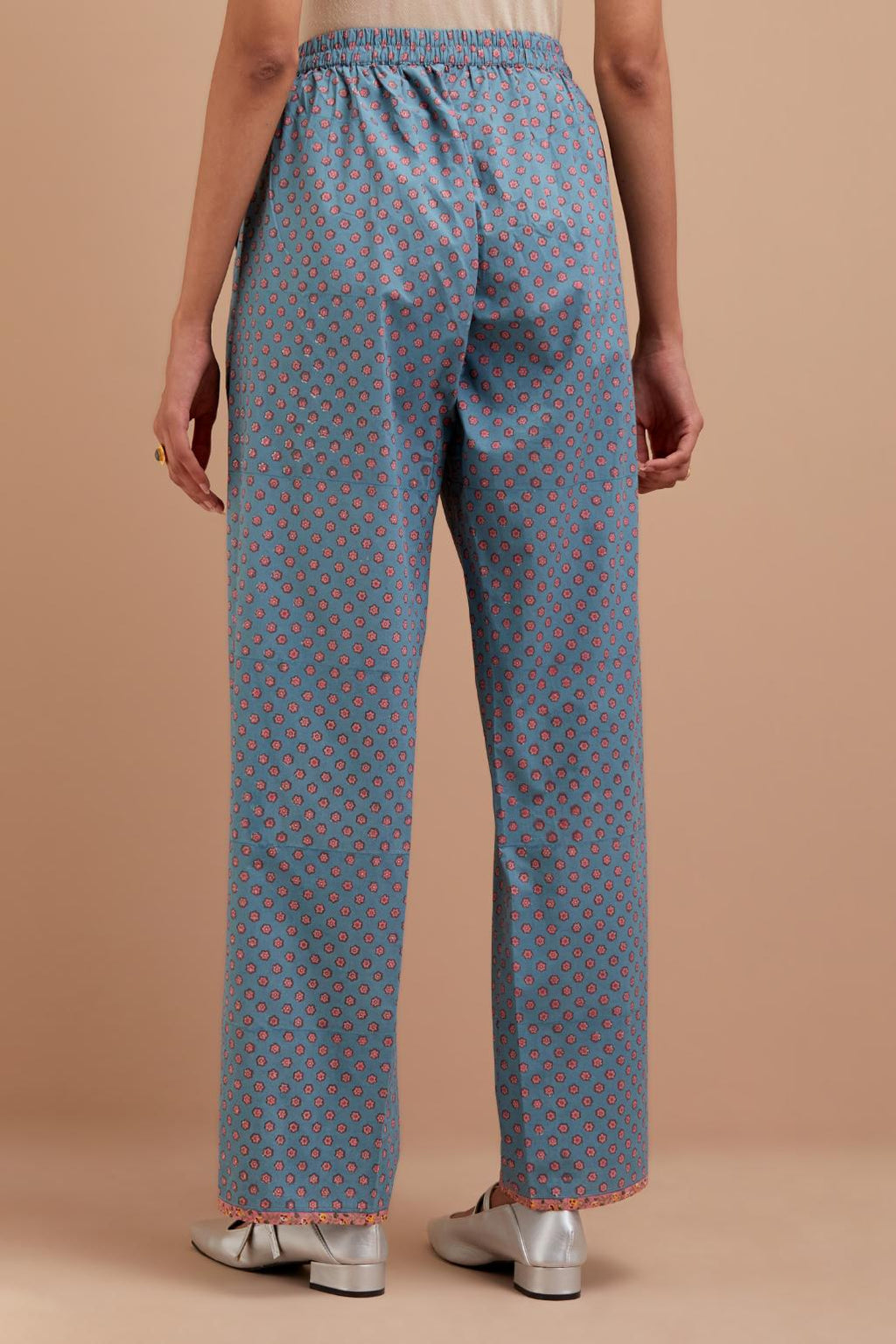 Cadet Blue Cotton straight pants with all-over small flower hand block print.