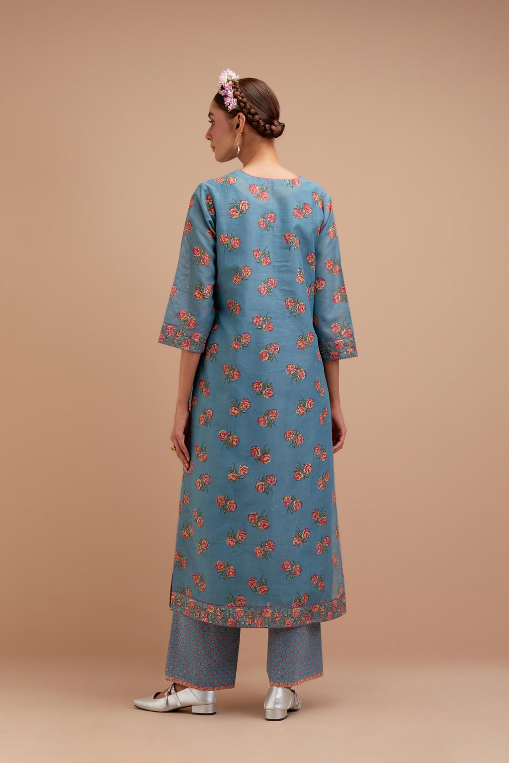Cadet Blue Silk Chanderi straight kurta set with all-over Pink & Yellow floral hand block print.