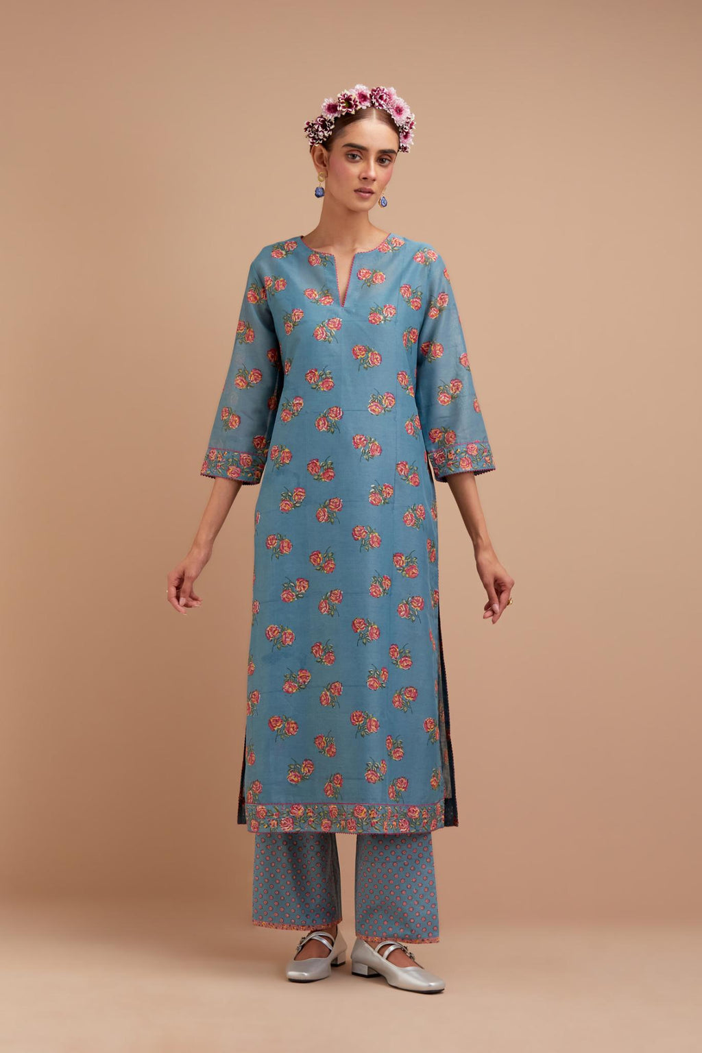 Cadet Blue Silk Chanderi straight kurta set with all-over Pink & Yellow floral hand block print.