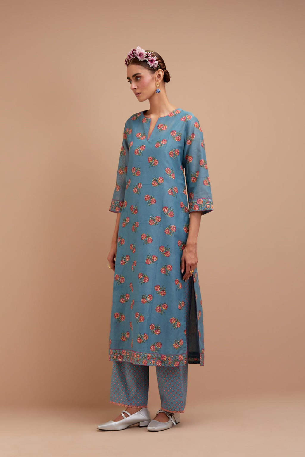 Cadet Blue Silk Chanderi straight kurta set with all-over Pink & Yellow floral hand block print.