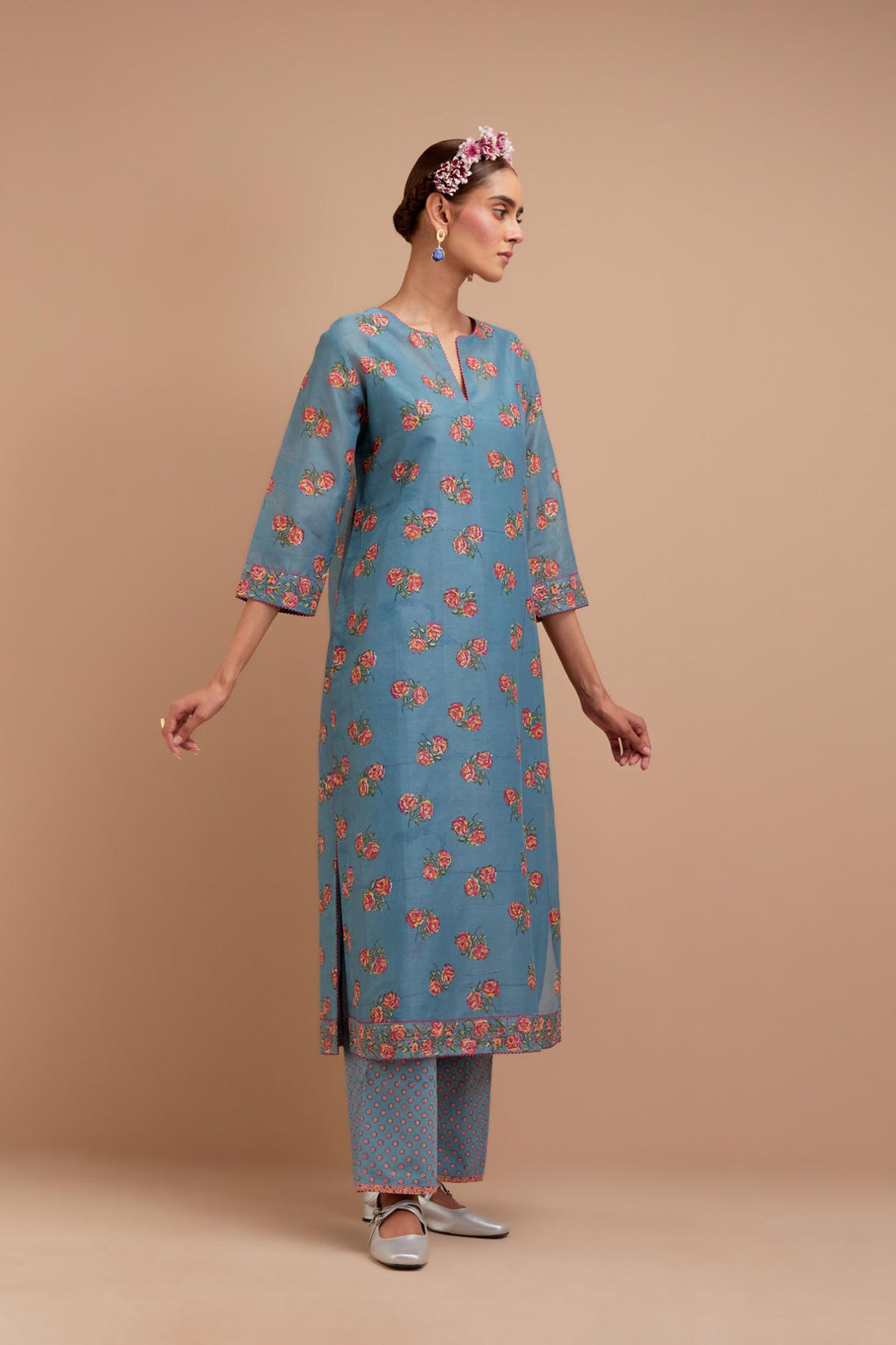 Cadet Blue Silk Chanderi straight kurta set with all-over Pink & Yellow floral hand block print.