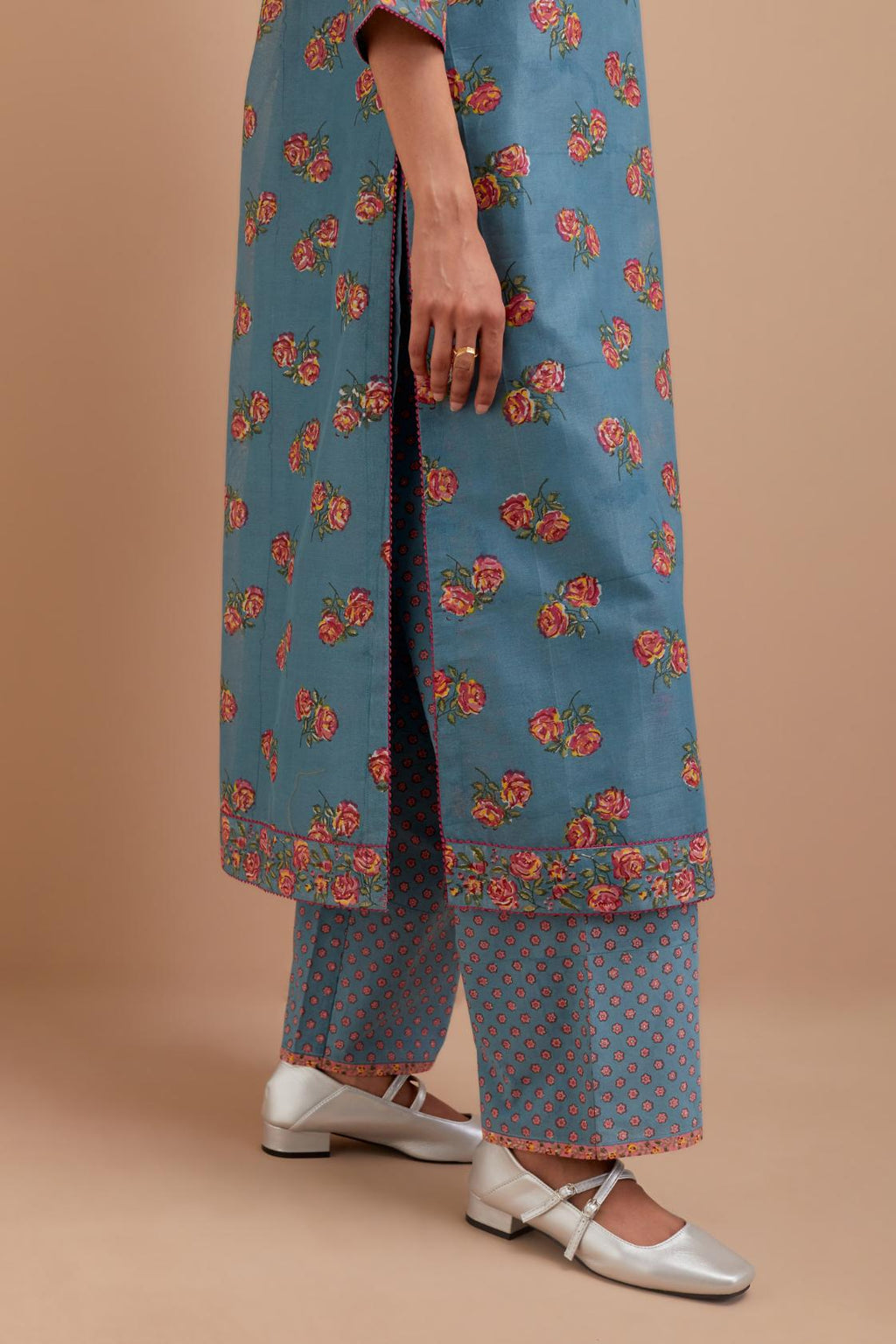 Cadet Blue Silk Chanderi straight kurta set with all-over Pink & Yellow floral hand block print.