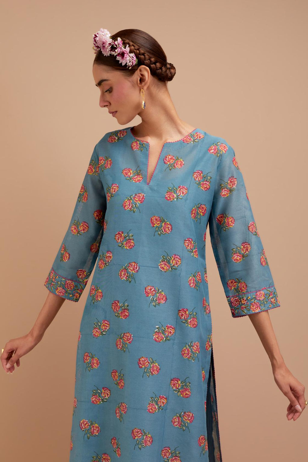 Cadet Blue Silk Chanderi straight kurta set with all-over Pink & Yellow floral hand block print.