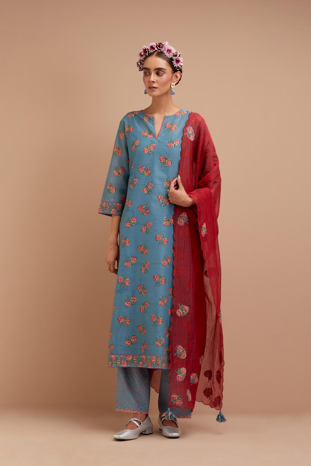 Cadet Blue Silk Chanderi straight kurta set with all-over Pink & Yellow floral hand block print.