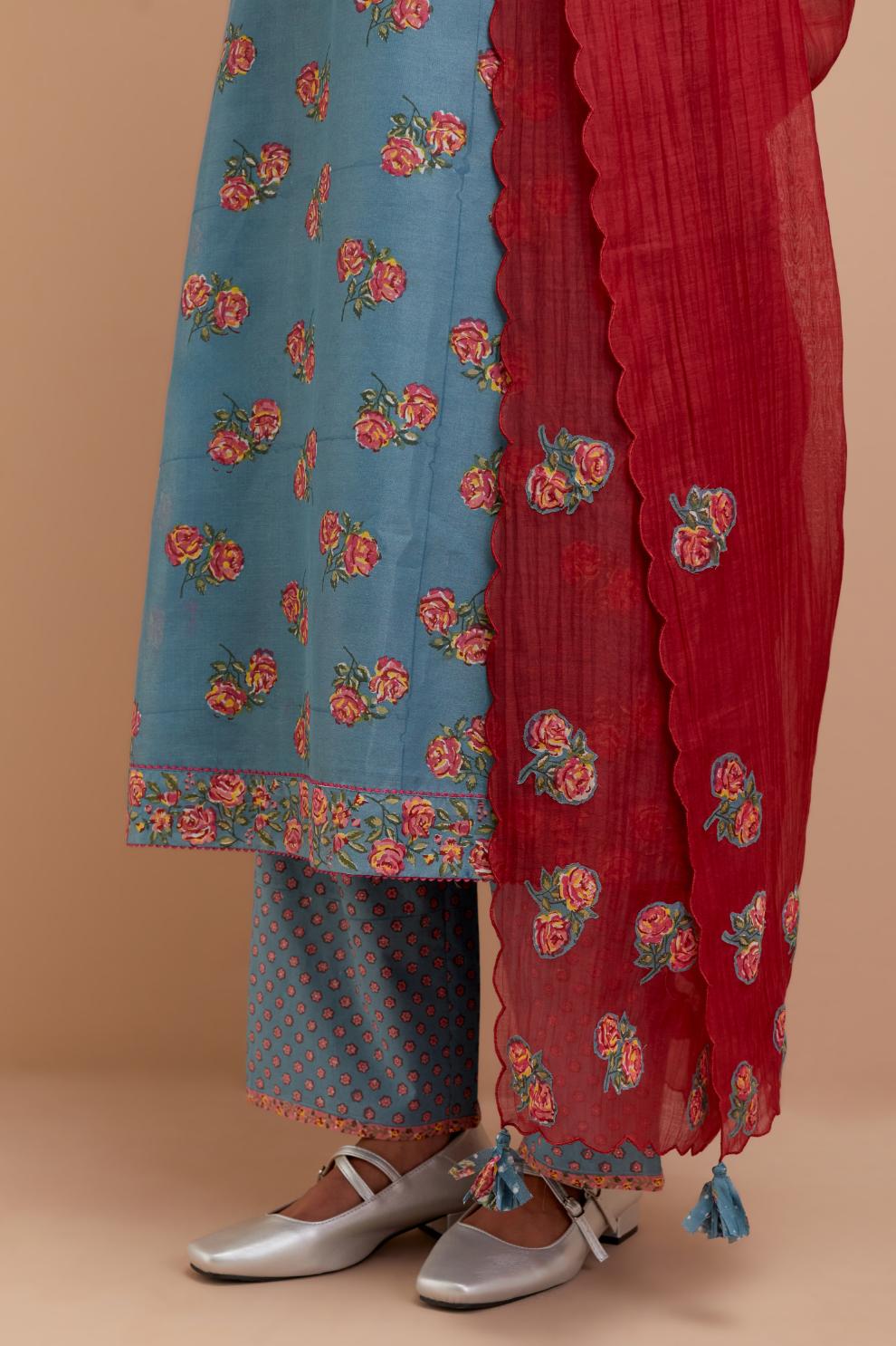 Cadet Blue Silk Chanderi straight kurta set with all-over Pink & Yellow floral hand block print.