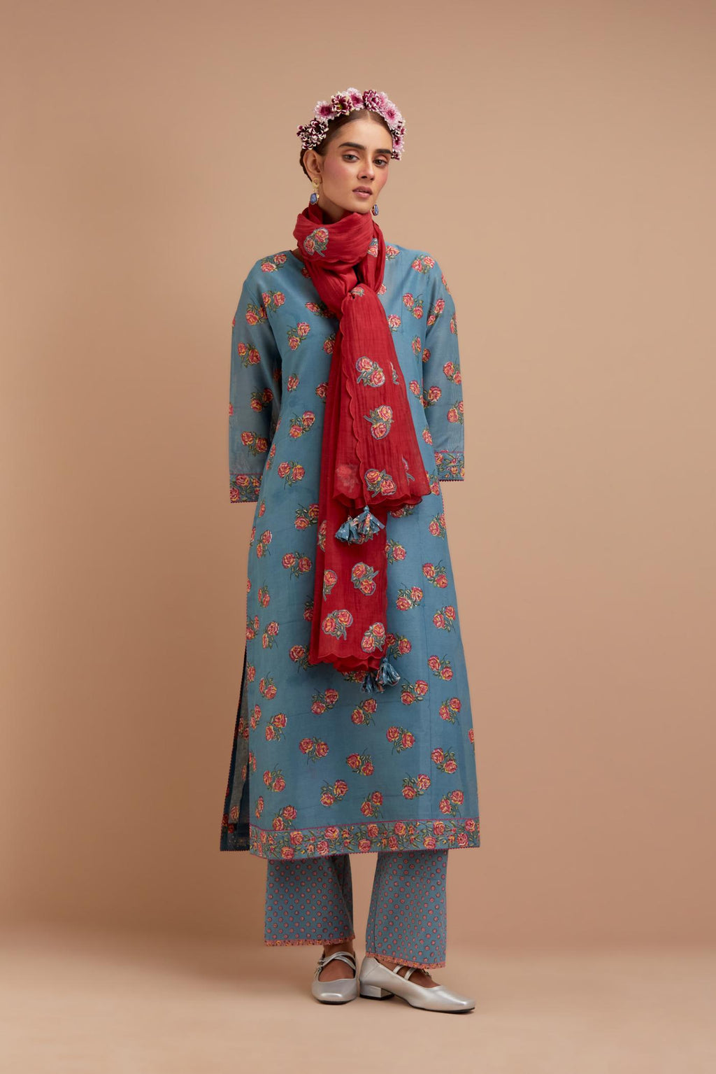 Cadet Blue Silk Chanderi straight kurta set with all-over Pink & Yellow floral hand block print.