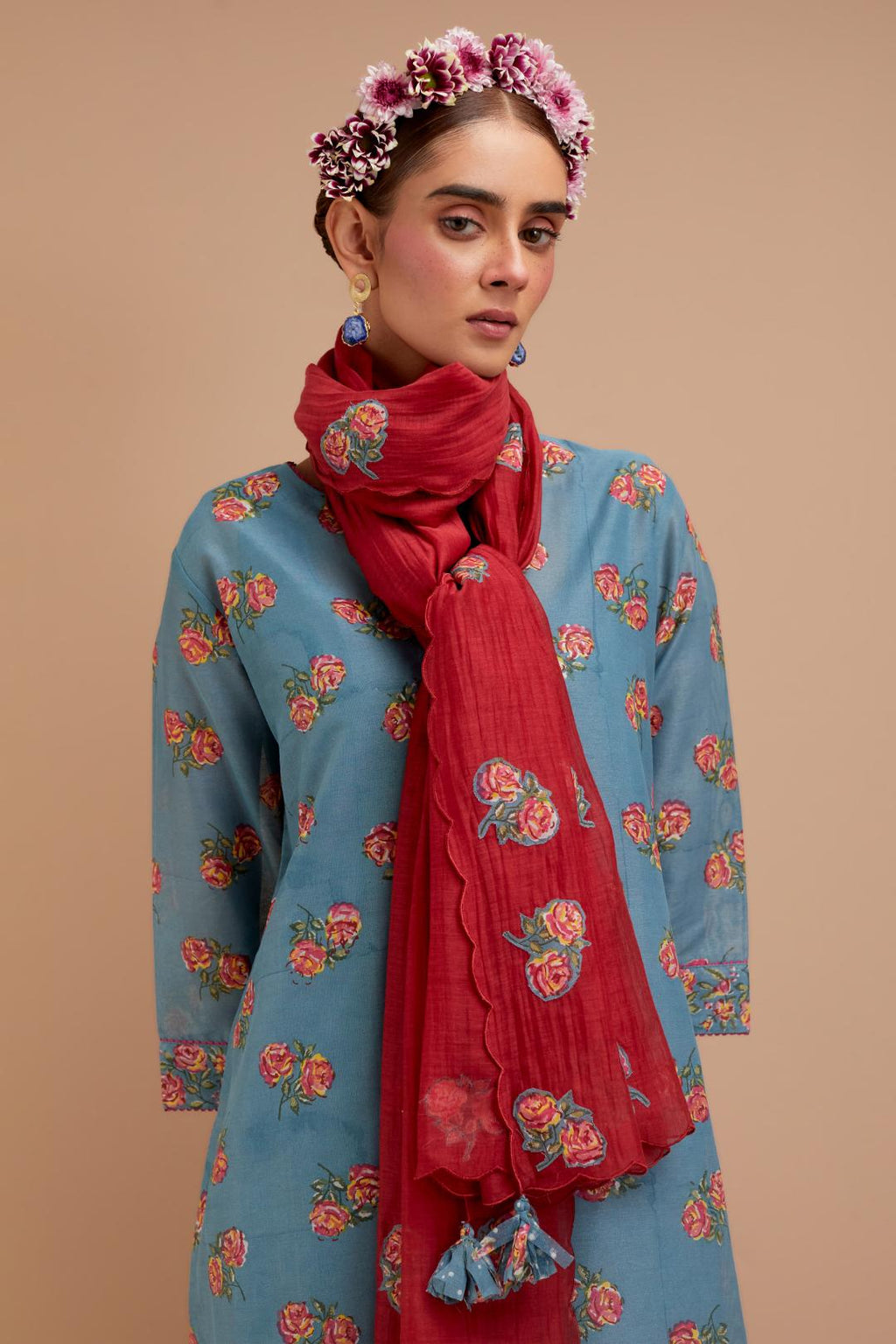 Cadet Blue Silk Chanderi straight kurta set with all-over Pink & Yellow floral hand block print.