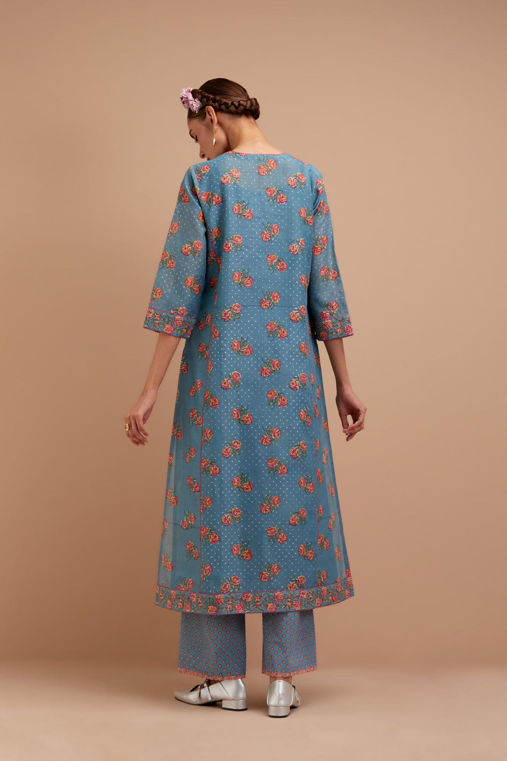 Cadet Blue Silk Chanderi kurta set with all-over Pink & Yellow floral hand-block print and side panels.