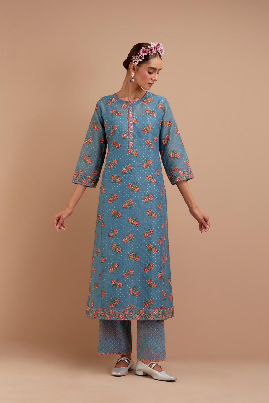 Cadet Blue Silk Chanderi kurta set with all-over Pink & Yellow floral hand-block print and side panels.