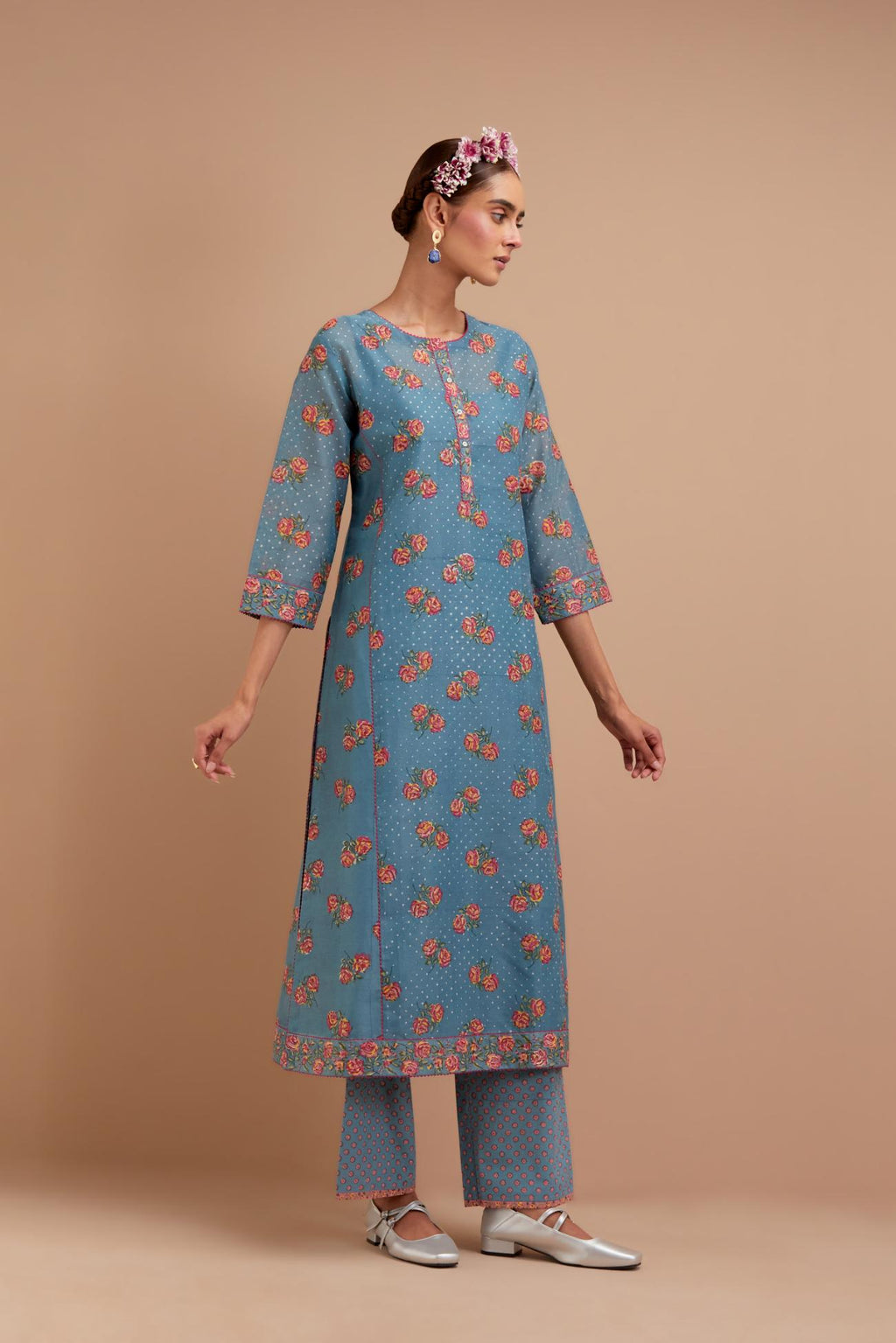 Cadet Blue Silk Chanderi kurta set with all-over Pink & Yellow floral hand-block print and side panels.