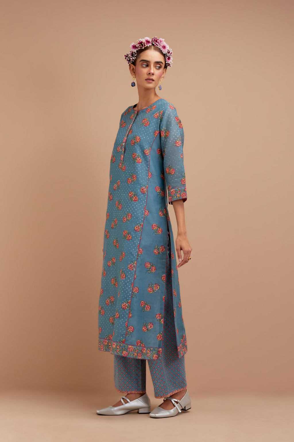 Cadet Blue Silk Chanderi kurta set with all-over Pink & Yellow floral hand-block print and side panels.