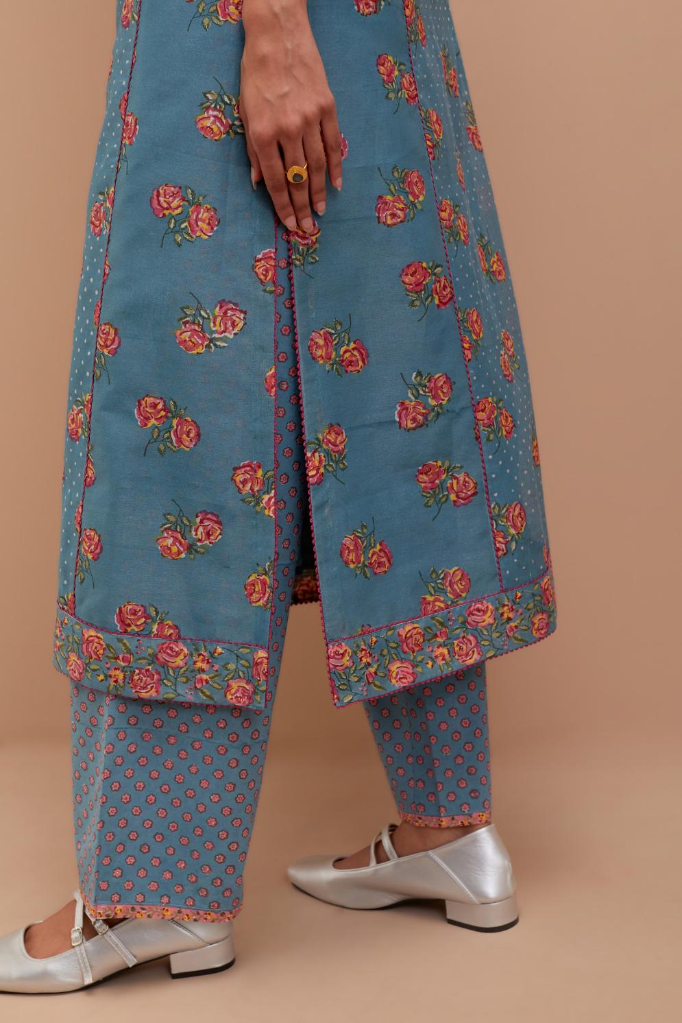 Cadet Blue Silk Chanderi kurta set with all-over Pink & Yellow floral hand-block print and side panels.