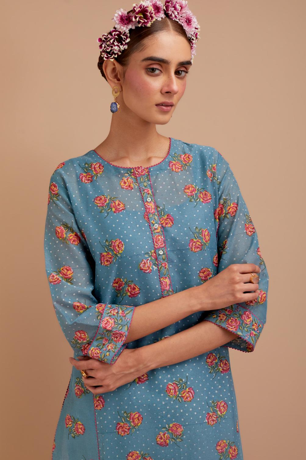 Cadet Blue Silk Chanderi kurta set with all-over Pink & Yellow floral hand-block print and side panels.