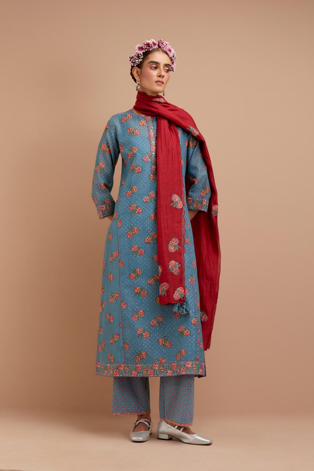 Cadet Blue Silk Chanderi kurta set with all-over Pink & Yellow floral hand-block print and side panels.
