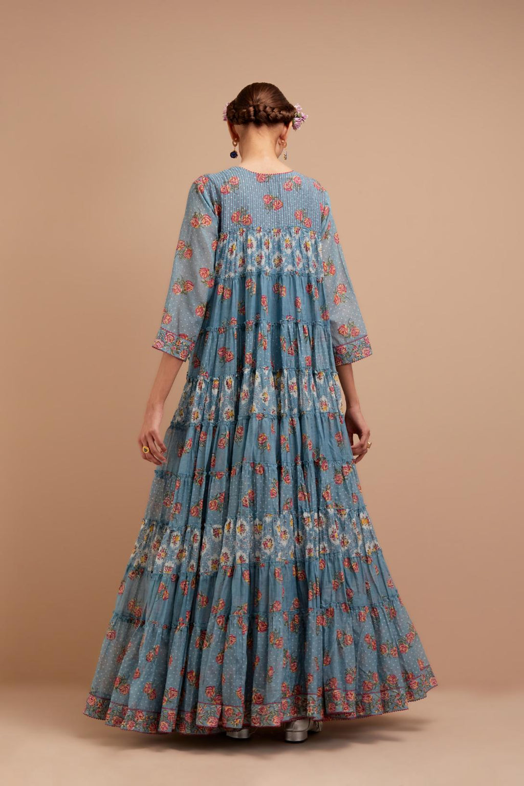 Cadet Blue hand block printed multi-tiered kurta dress set with 3/4 sleeves, highlighted with quilted yoke in front and back.