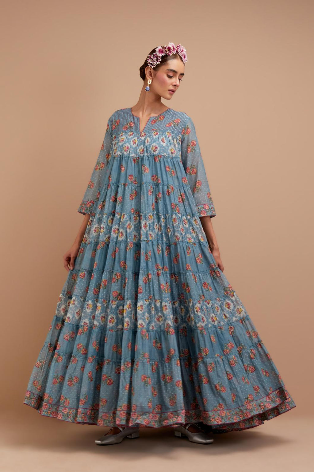 Cadet Blue hand block printed multi-tiered kurta dress set with 3/4 sleeves, highlighted with quilted yoke in front and back.