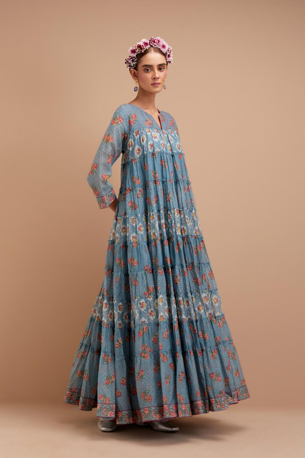 Cadet Blue hand block printed multi-tiered kurta dress set with 3/4 sleeves, highlighted with quilted yoke in front and back.