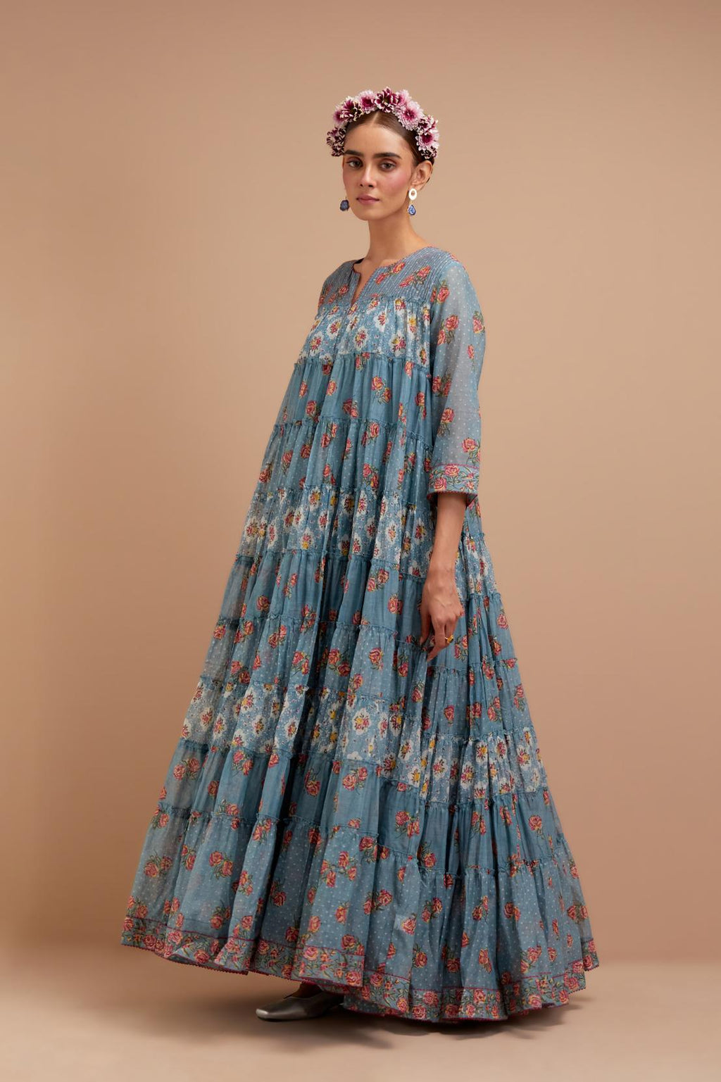 Cadet Blue hand block printed multi-tiered kurta dress set with 3/4 sleeves, highlighted with quilted yoke in front and back.