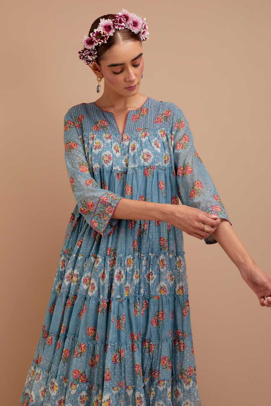 Cadet Blue hand block printed multi-tiered kurta dress set with 3/4 sleeves, highlighted with quilted yoke in front and back.