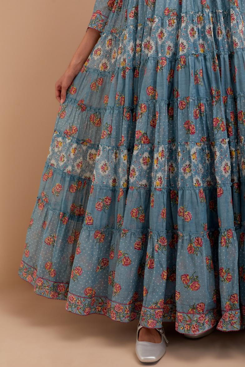 Cadet Blue hand block printed multi-tiered kurta dress set with 3/4 sleeves, highlighted with quilted yoke in front and back.