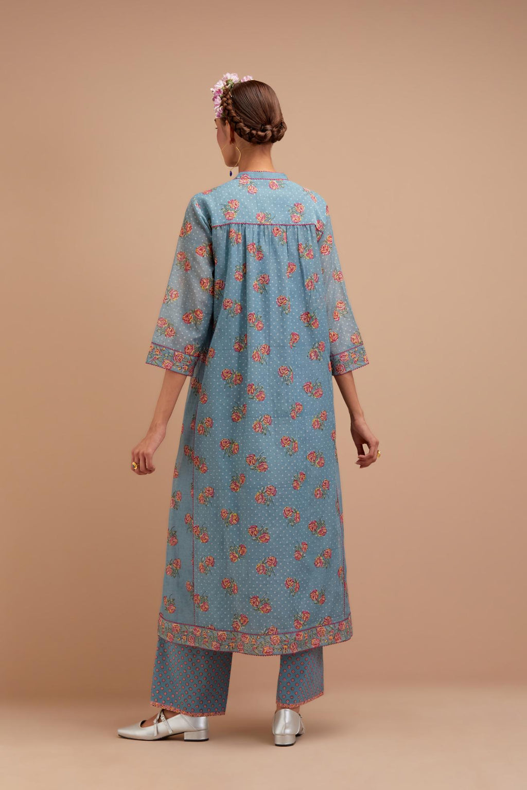 Cadet Blue Silk Chanderi Kurta dress set with all-over Pink & Yellow floral hand block print.