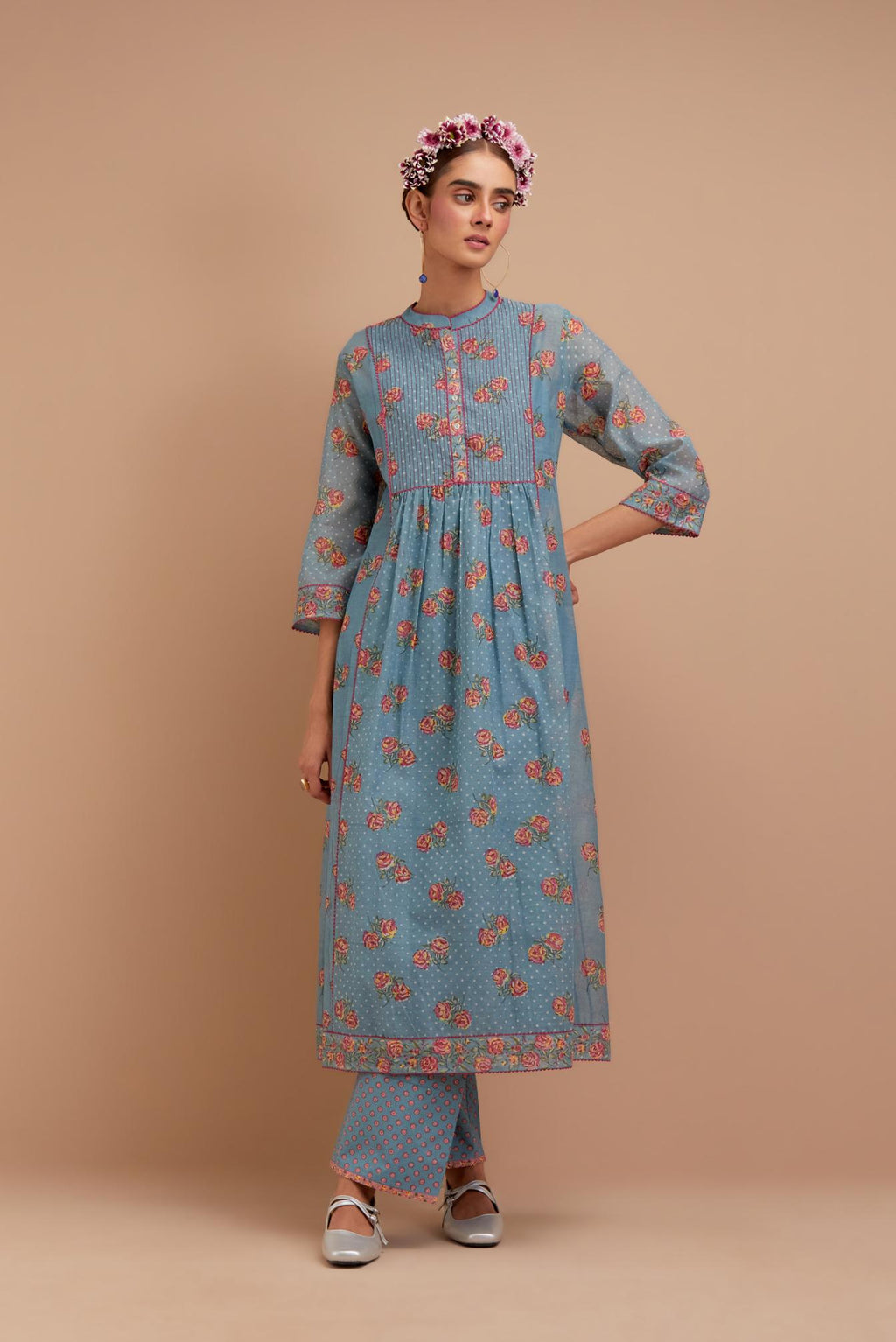 Cadet Blue Silk Chanderi Kurta dress set with all-over Pink & Yellow floral hand block print.