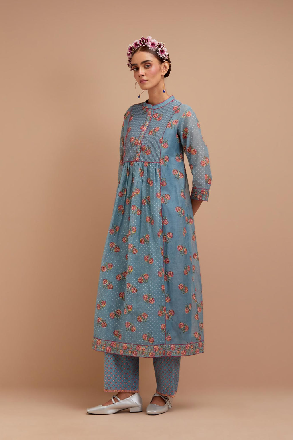 Cadet Blue Silk Chanderi Kurta dress set with all-over Pink & Yellow floral hand block print.