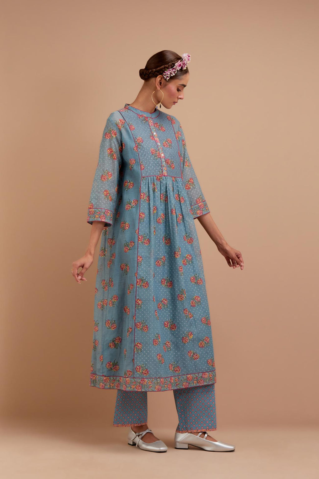 Cadet Blue Silk Chanderi Kurta dress set with all-over Pink & Yellow floral hand block print.