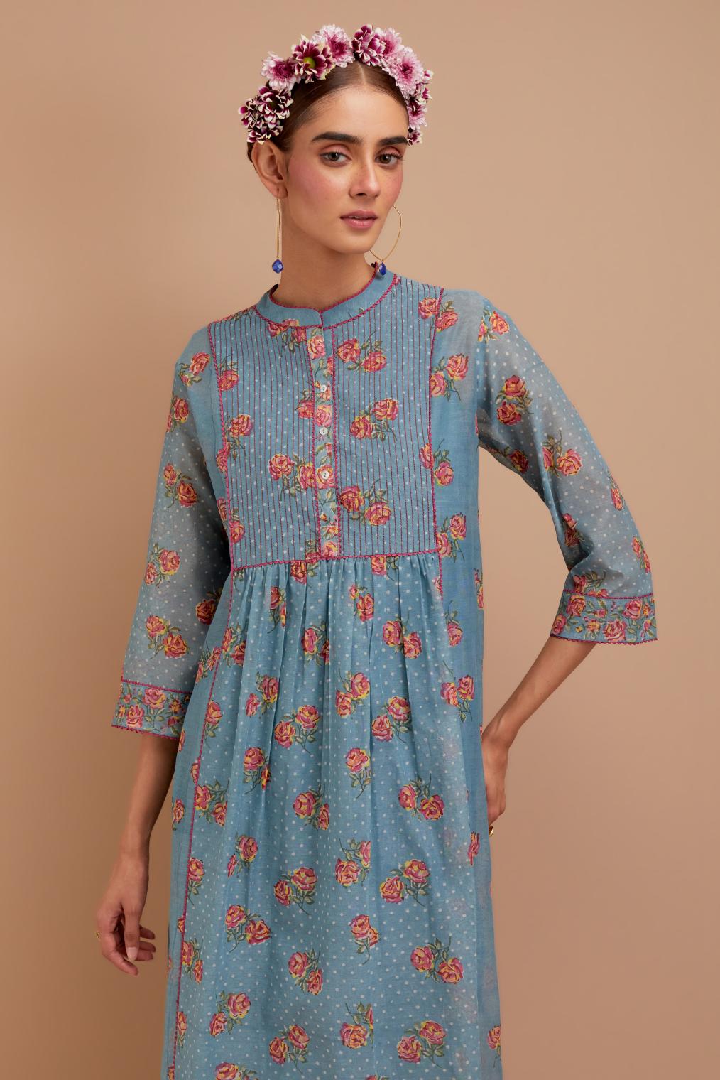 Cadet Blue Silk Chanderi Kurta dress set with all-over Pink & Yellow floral hand block print.