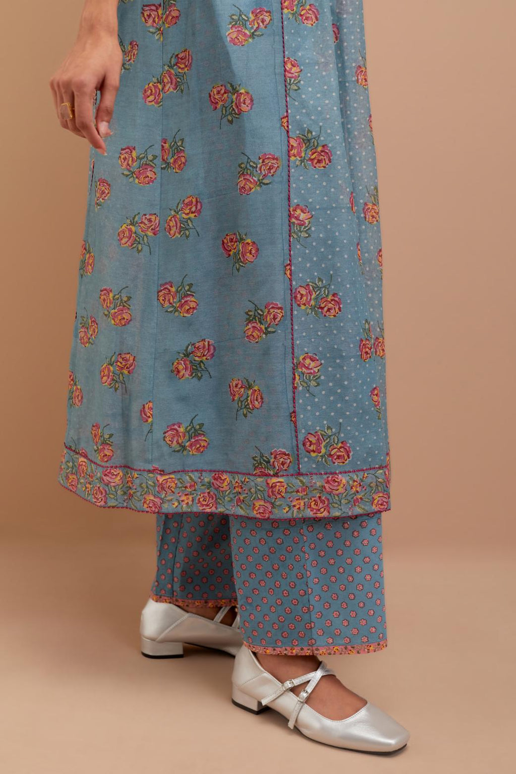 Cadet Blue Silk Chanderi Kurta dress set with all-over Pink & Yellow floral hand block print.