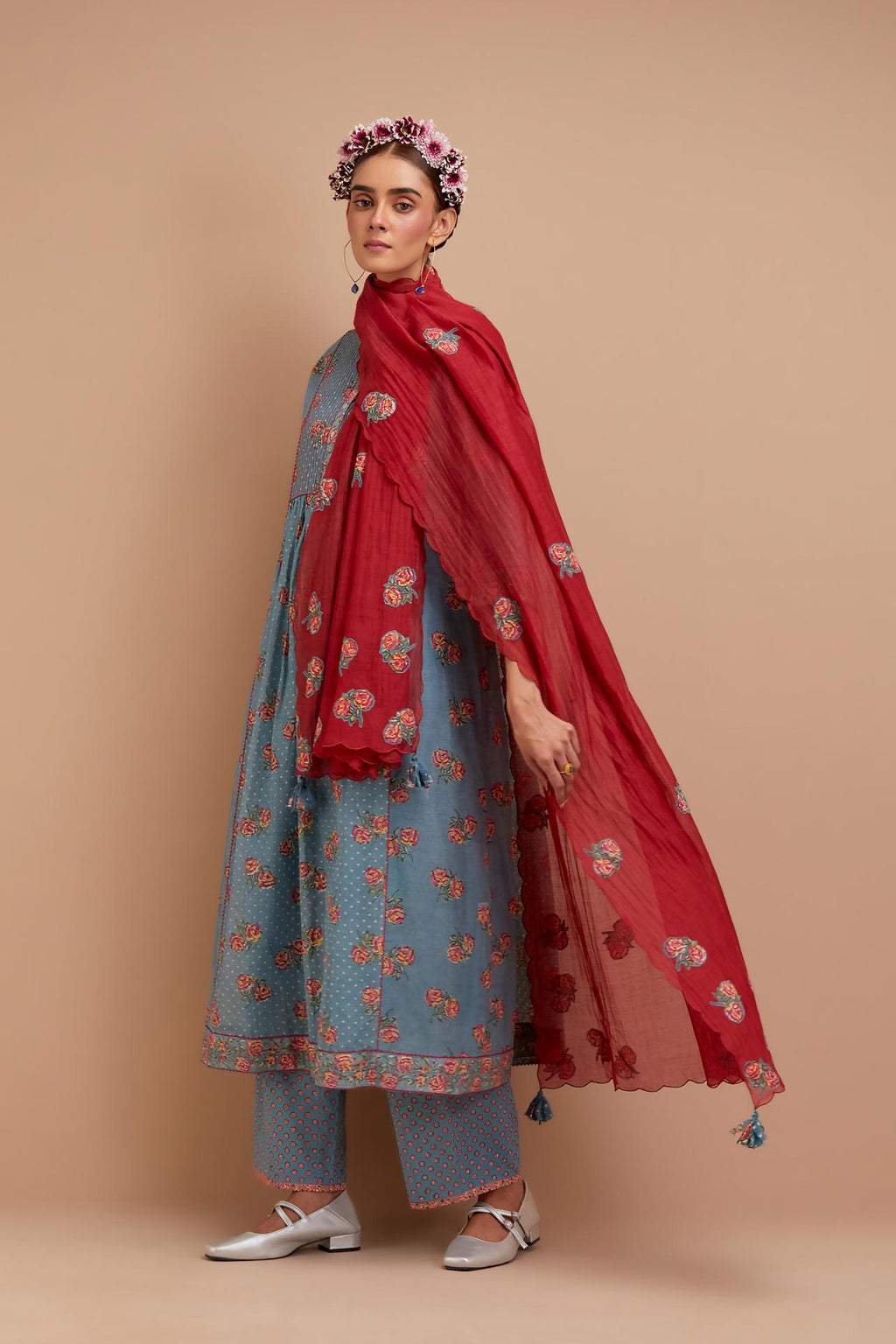 Cadet Blue Silk Chanderi Kurta dress set with all-over Pink & Yellow floral hand block print.
