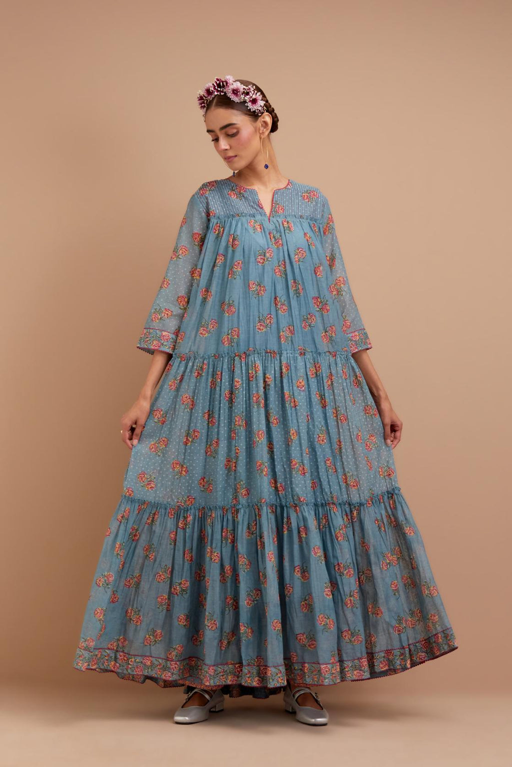 Cadet Blue three-tiered kurta set with quilted yoke and all-over Pink & Yellow floral hand block print.
